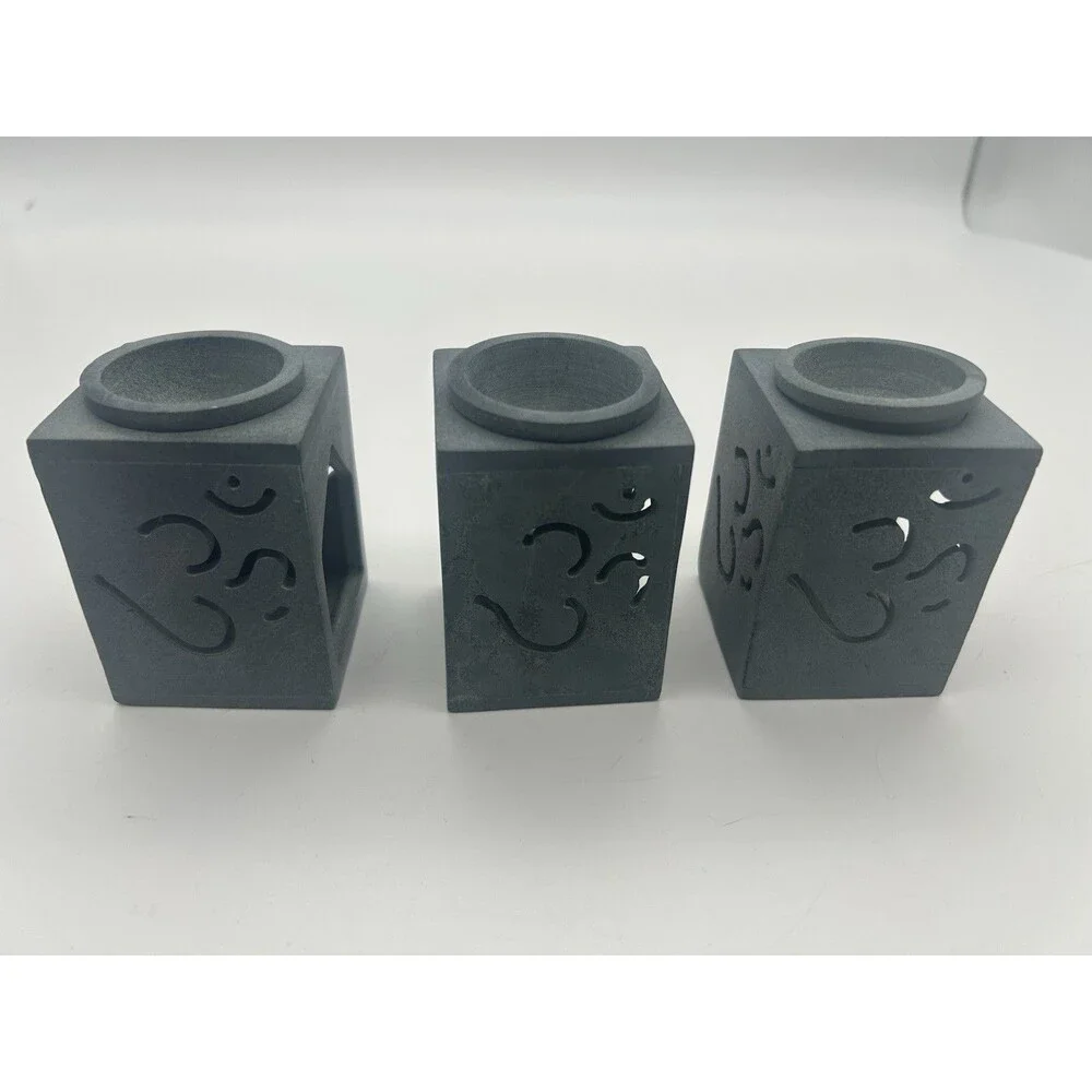 Set Of 3 -Soapstone Incense Oil Diffuser/candle  Hand Carved Ornate Green/Gray